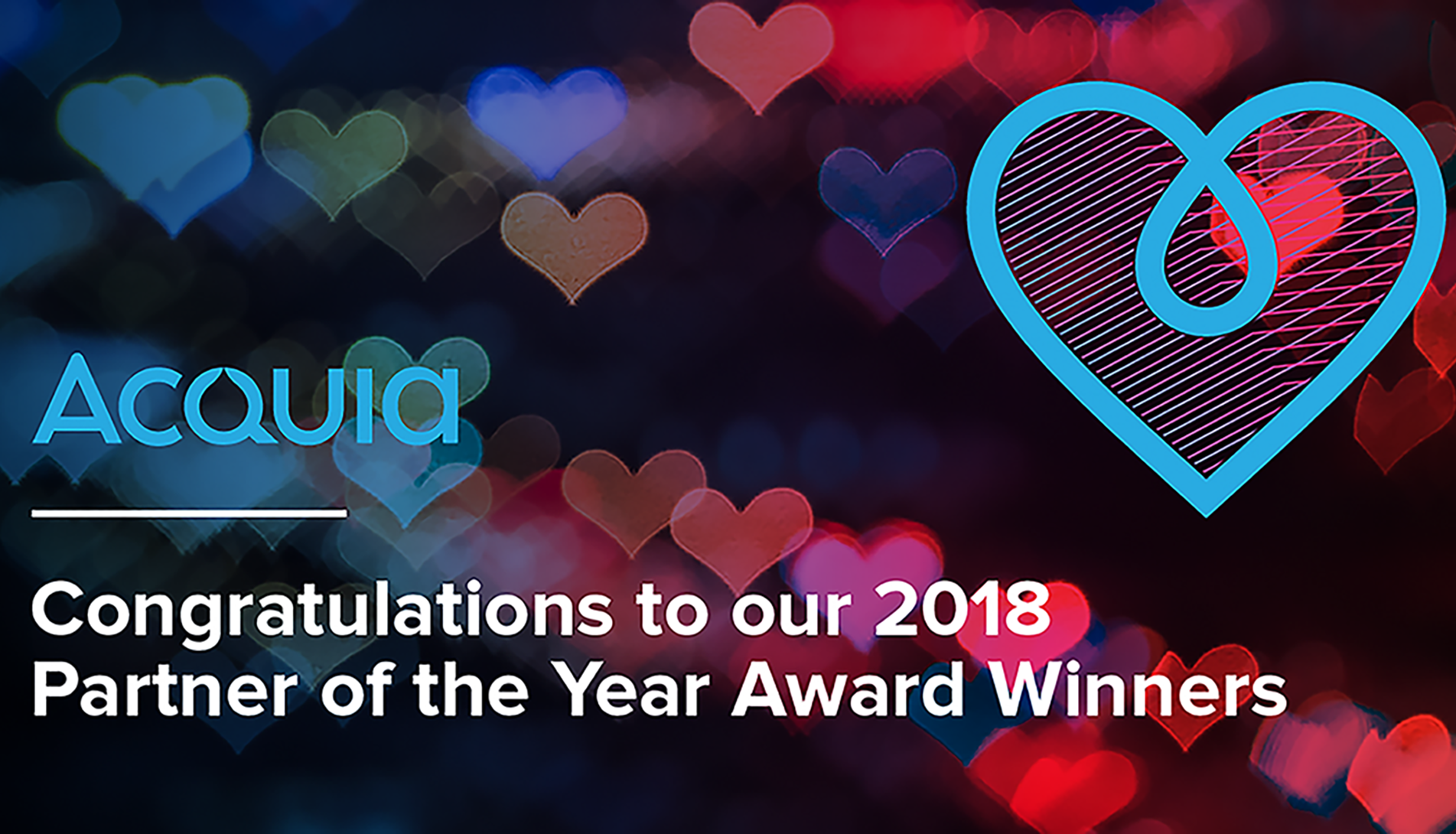 Acquia logo in a dark background full of colorfull hearts