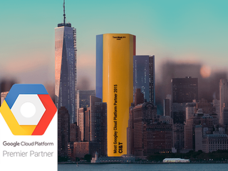 City scape with Google Cloud Platform Premier Partner trophy 