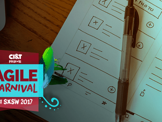 Logo of the CI&T Agile Carnival event in the foreground and in the background a sheet with notes made by a pen that is now lying on the sheet