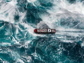 Top view of container ship on the sea