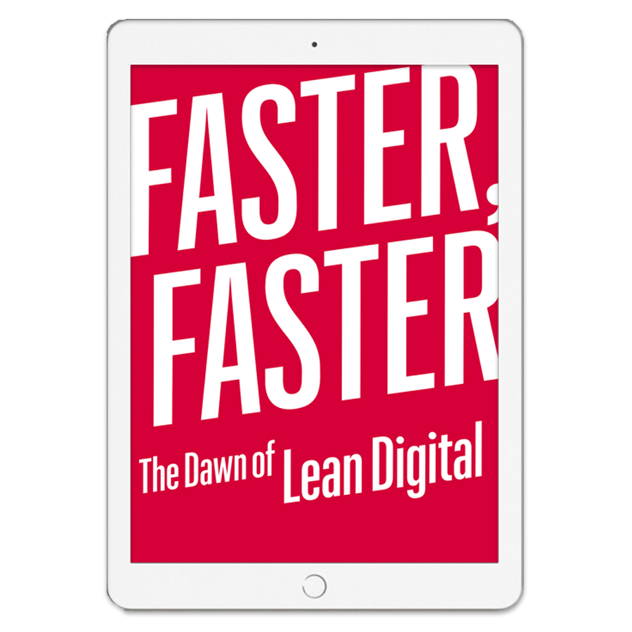A iPad mockup with the Faster Faster book on the screen