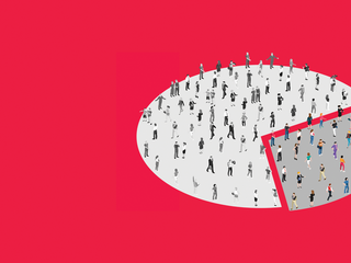 Illustration of various people walking on a graphic