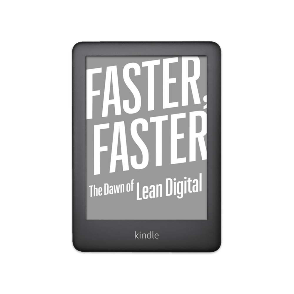A Kindle mockup with the Faster Faster book on the screen