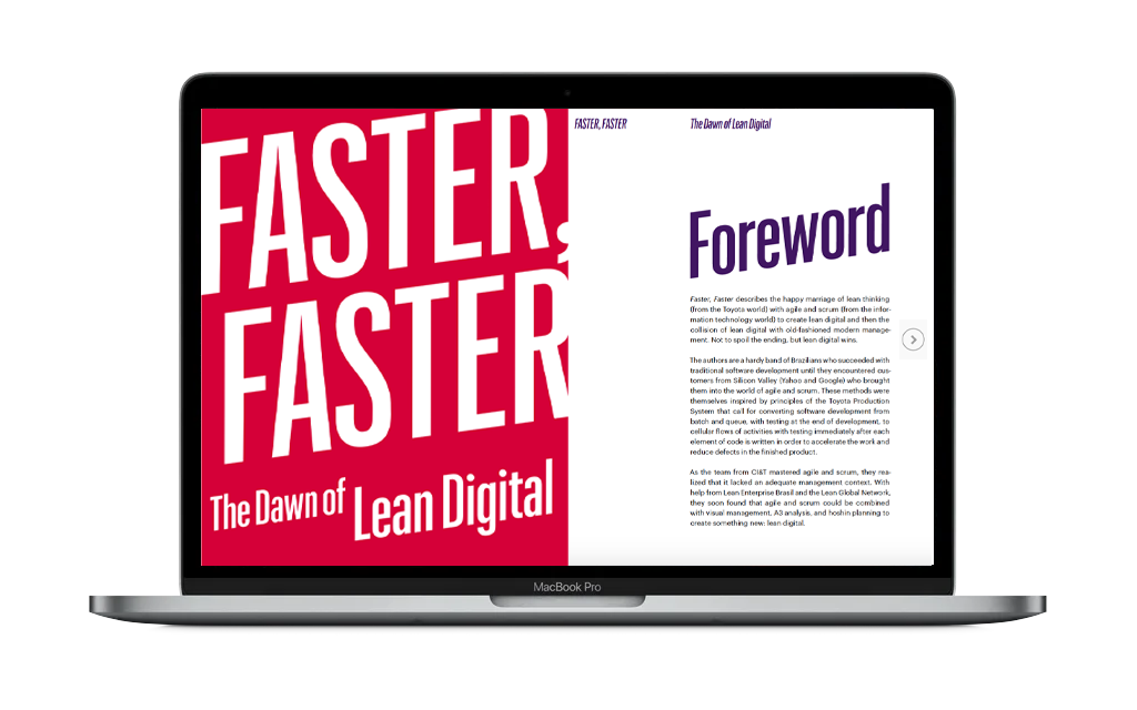 A MacBook mockup with the Faster Faster book on the screen