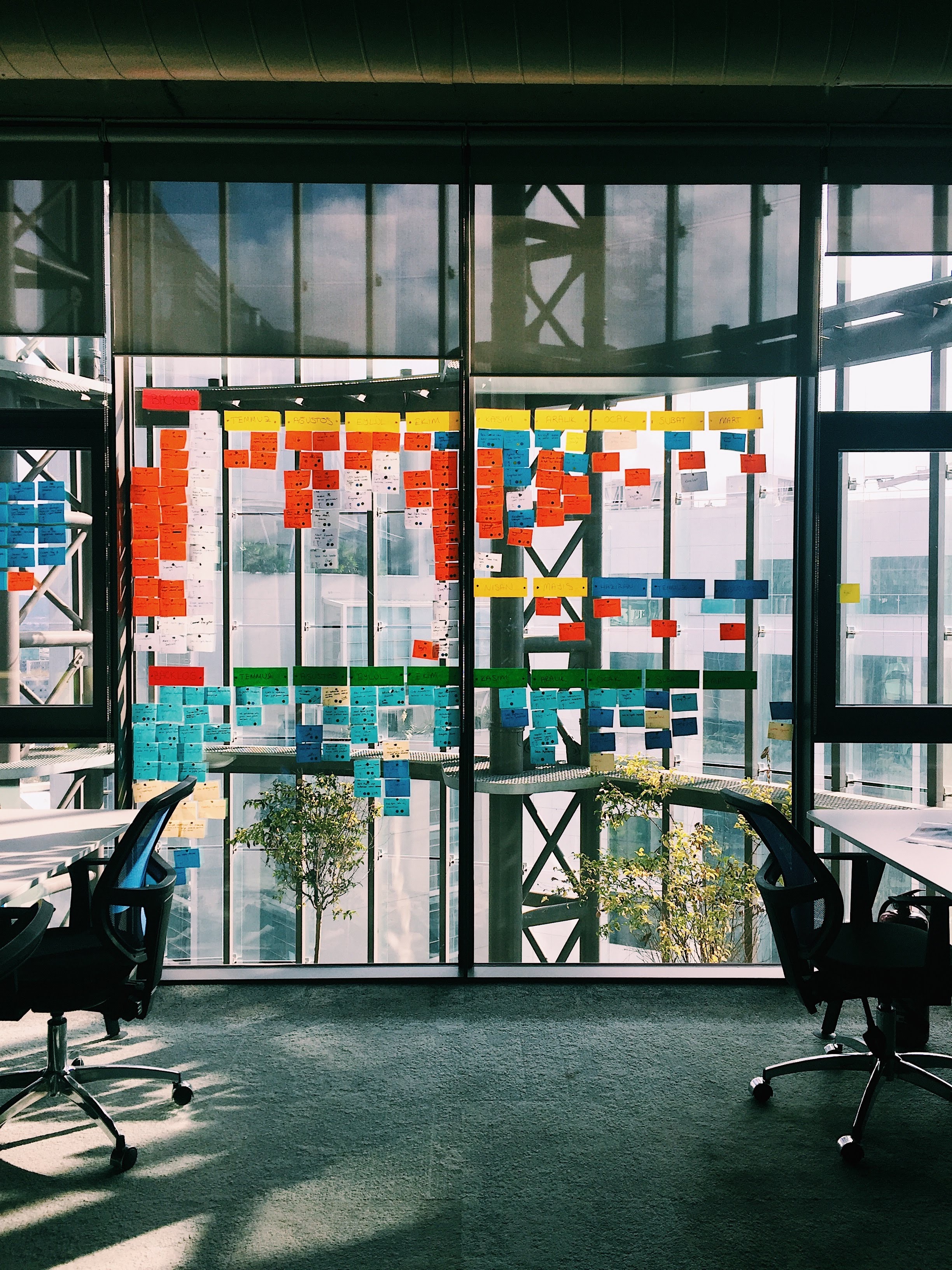 Office glasswall with sticky notes on it