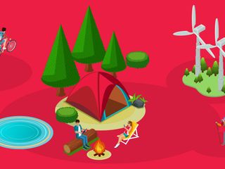 An illustration of the people in the outdoors on a red background