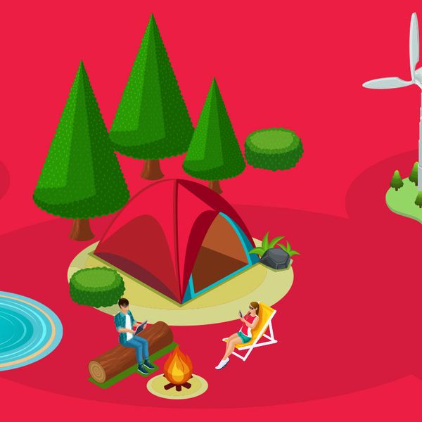 An illustration of the people in the outdoors on a red background