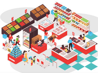Innovating in grocery cover with an illustration of and inside of a grocery store
