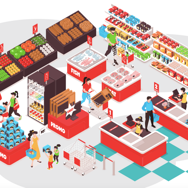 Innovating in grocery cover with an illustration of and inside of a grocery store