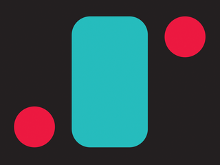 Dark background with a blue rectangule with round corners and two red circles