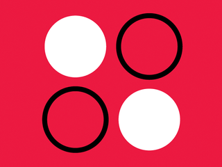 Red background with two full white circles and two black stroked circles
