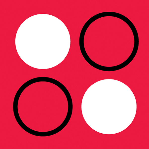 Red background with two full white circles and two black stroked circles
