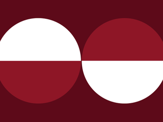 Em um fundo vermelho escuro, dois c&iacute;rculos partidos ao meio, metade branco e metade vermelho