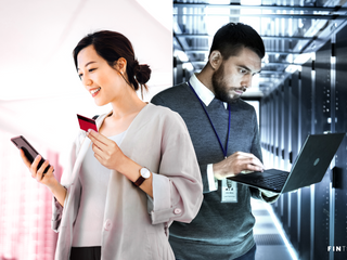 A women with a light background holding a bank card and her mobile phone on the right. On the left is a man holding a laptop with a server room in the background
