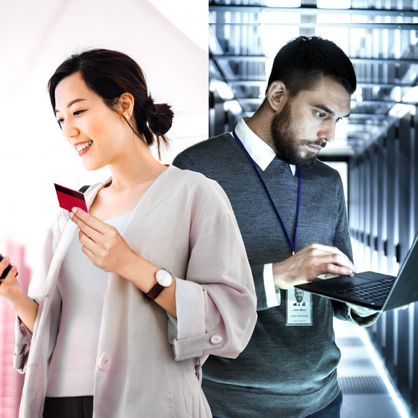 A women with a light background holding a bank card and her mobile phone on the right. On the left is a man holding a laptop with a server room in the background