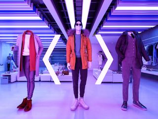 a futuristing retail store with purple neon lights and three maniquines
