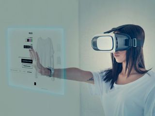 a women wearing virtual reality glasses shopping in the metaverse