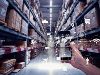 a smartphone and icons in a warehouse