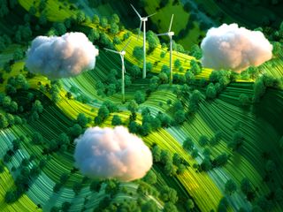 Digital generated image of top view of white and green landscape with wind turbines on it through puffy clouds