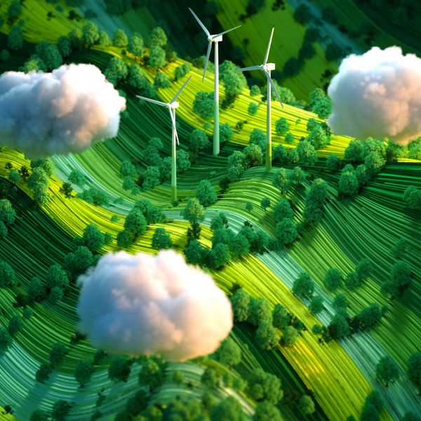 Digital generated image of top view of white and green landscape with wind turbines on it through puffy clouds