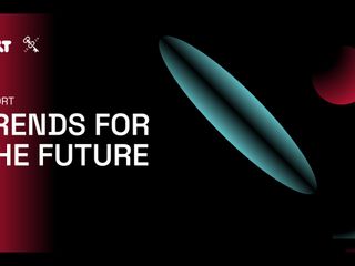 image with a red and black gradient background, with red and aquamarine geometric forms, with the text Trends for the future in white. 