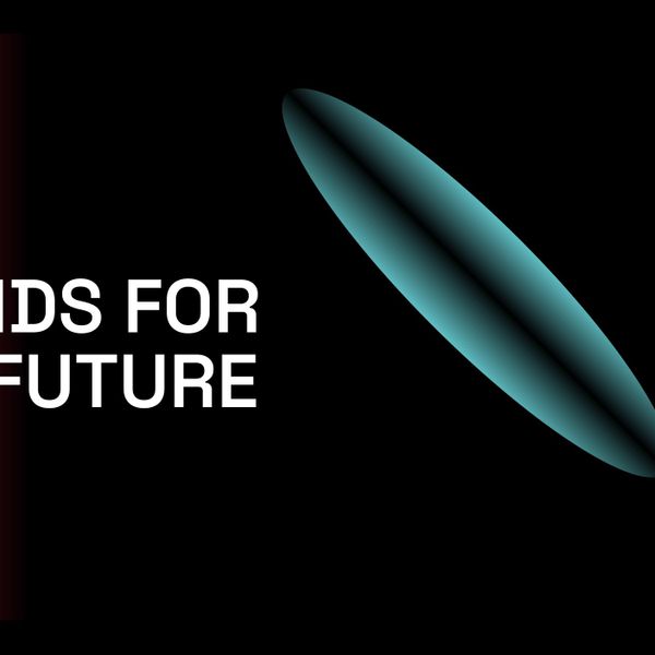 image with a red and black gradient background, with red and aquamarine geometric forms, with the text Trends for the future in white. 