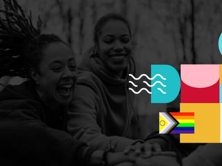 2022 ESG report cover. On the image, colorful abstract elements and as background, a black and white picture of a group of teenagers celebrating