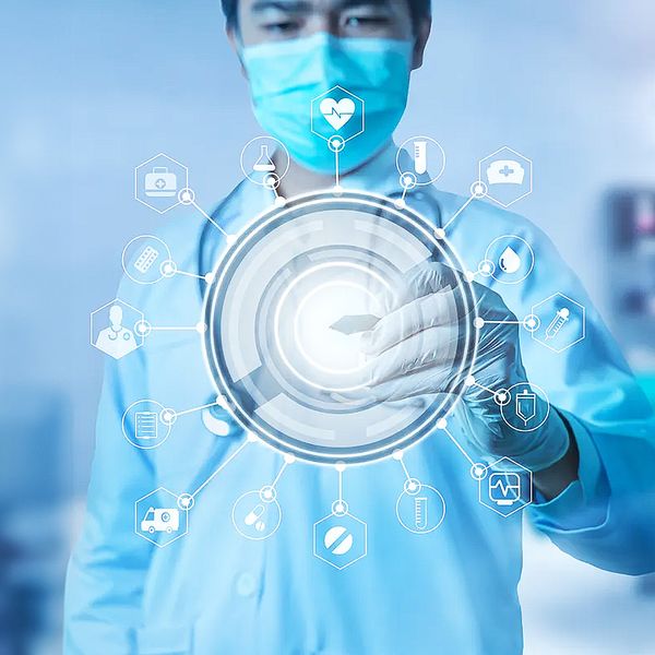 A healthcare professional touching an imaginary interface with different types of action options