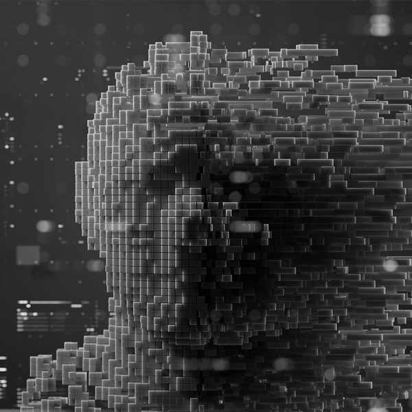 cabeça humana formada por blocos de inteligência artificial