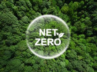 Foto sobrevoando uma floresta. Ao centro, em letras brancas escrito "Net Zero". 