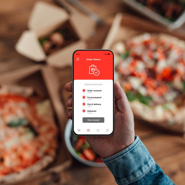 hand holding phone top view using food app to order food