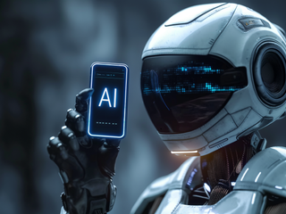 Robot shows a cellphone with AI icon on screen