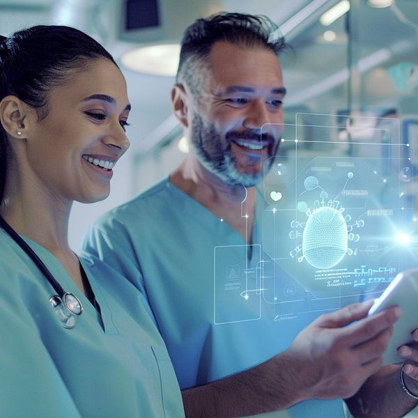 Two doctors looking at data on digital tablet