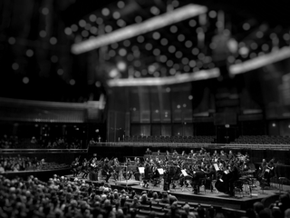 Black and white image of an orchestra playing for a crowd