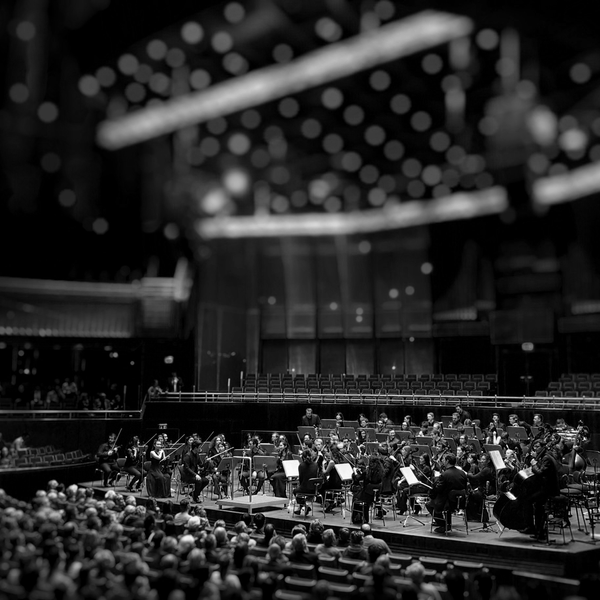 Black and white image of an orchestra playing for a crowd