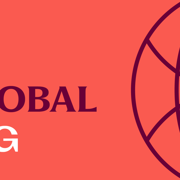 CI&T written in white and Global ESG written in dark red and white respectively. A globe icon also in dark red is at the right, and all elements are over an orange background.