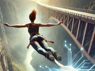 A person taking jumping off a bridge into a river of technology 