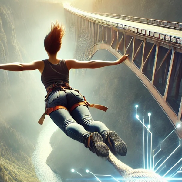 A person taking jumping off a bridge into a river of technology 