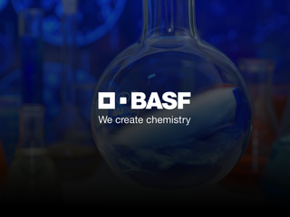 BASF logo in white, and as background, an image of a flask filled with a blue liquid, in a laboratory