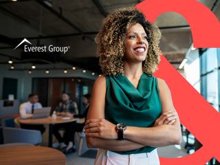 A confident woman with curly hair, standing with her arms crossed and smiling. The logo of "Everest Group" is prominently displayed in the upper left corner, and a large red ampersand symbol is partially visible on the right side.