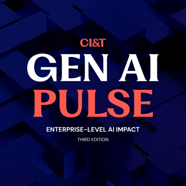 GEN AI PULSE third edition, enterprise-level impact, written in white and coral, on a dark blue background