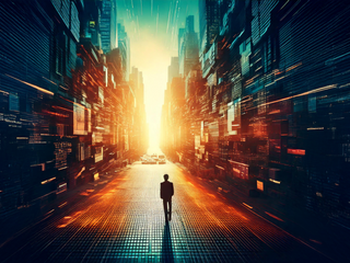a person walking towards a burst of lights and technologic elements