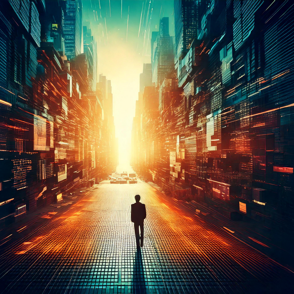 a person walking towards a burst of lights and technologic elements