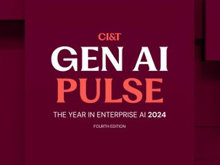 GEN AI PULSE THE YEAR IN ENTERPRISE AI 2024, written with a Dark Red background, and geometric shapes on the background