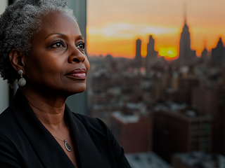 Mature black senior woman wering casual cloches looking out at the sunset over the city
