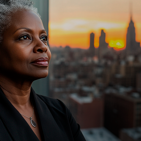 Mature black senior woman wering casual cloches looking out at the sunset over the city