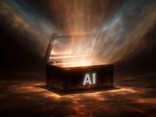 Black box with the word AI written, open with lights coming out