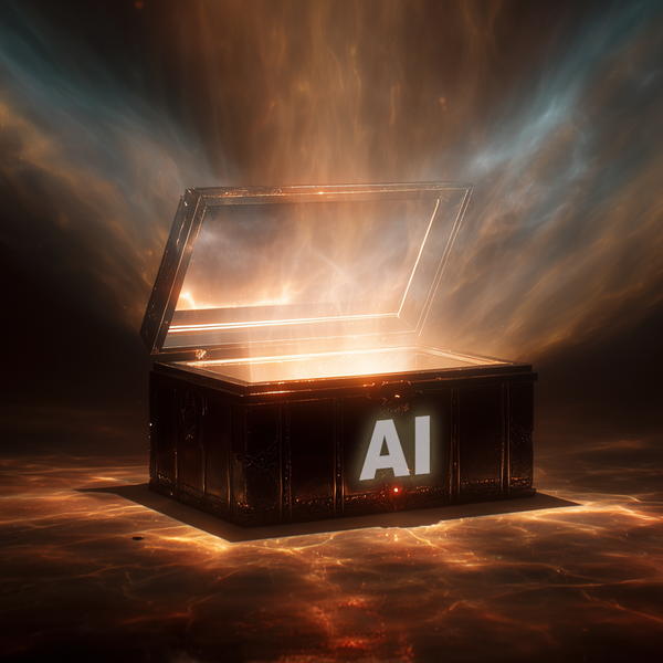 Black box with the word AI written, open with lights coming out