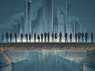 People walking over plan of tech imagery, implying trust in tech