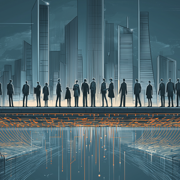 People walking over plan of tech imagery, implying trust in tech